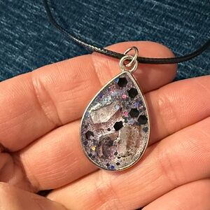 Elegant silver resin teardrop Pendant Necklace with three Herkimer diamonds.